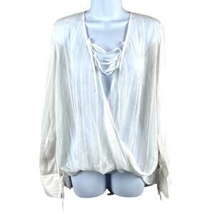 Mystree Blouse Off-White Long Sleeve Sheer Surplice Tie V-Neck Women's Large NEW